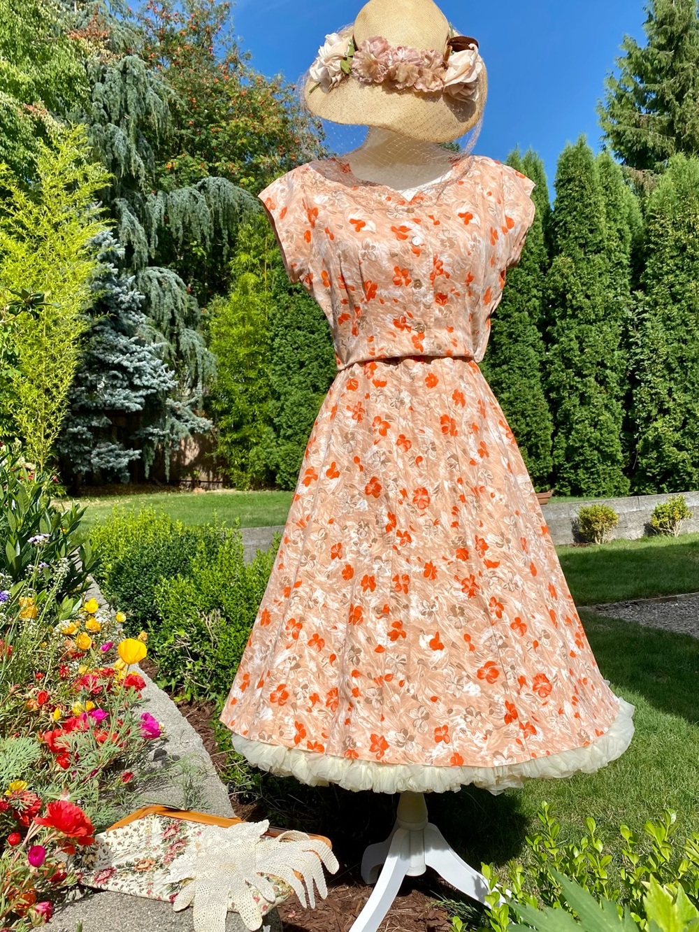 Vintage 1950s/1960s Orange Floral Rockabilly Swing Dress Fit & Flare - SM